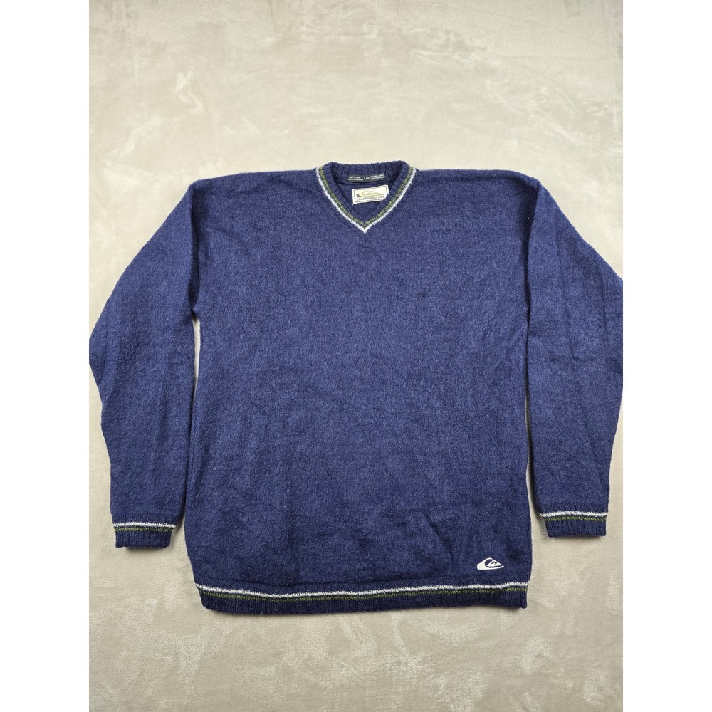 Vintage Quiksilver V-Neck Sweater Men L Blue Wool Nylon Long Sleeve Striped Trim